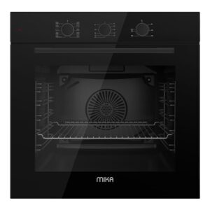 MIKA Built In Oven, 60cm, 73L, Fry Art (Air Frier), Convection (Turbo) Fan Oven, 10 Functions, Pop Up Knob Control, with Grill & Rotisserie, Black Glass Finish