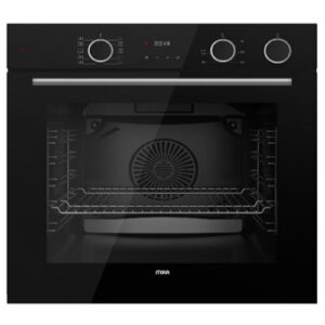 MIKA Built In Oven, 60cm, 73L, Steam Art & Fry Art (Air Frier), Convection (Turbo) Fan Oven, 10 Functions, Digital Display Timer, with Grill, Pop Up Knob, Black Glass Finish