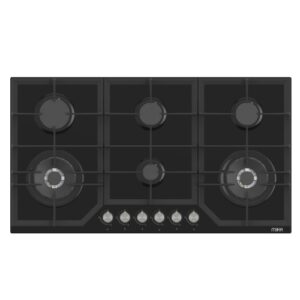 MIKA Built-In Gas Hob, 90cm, 6 Gas with WOK, Black Glass